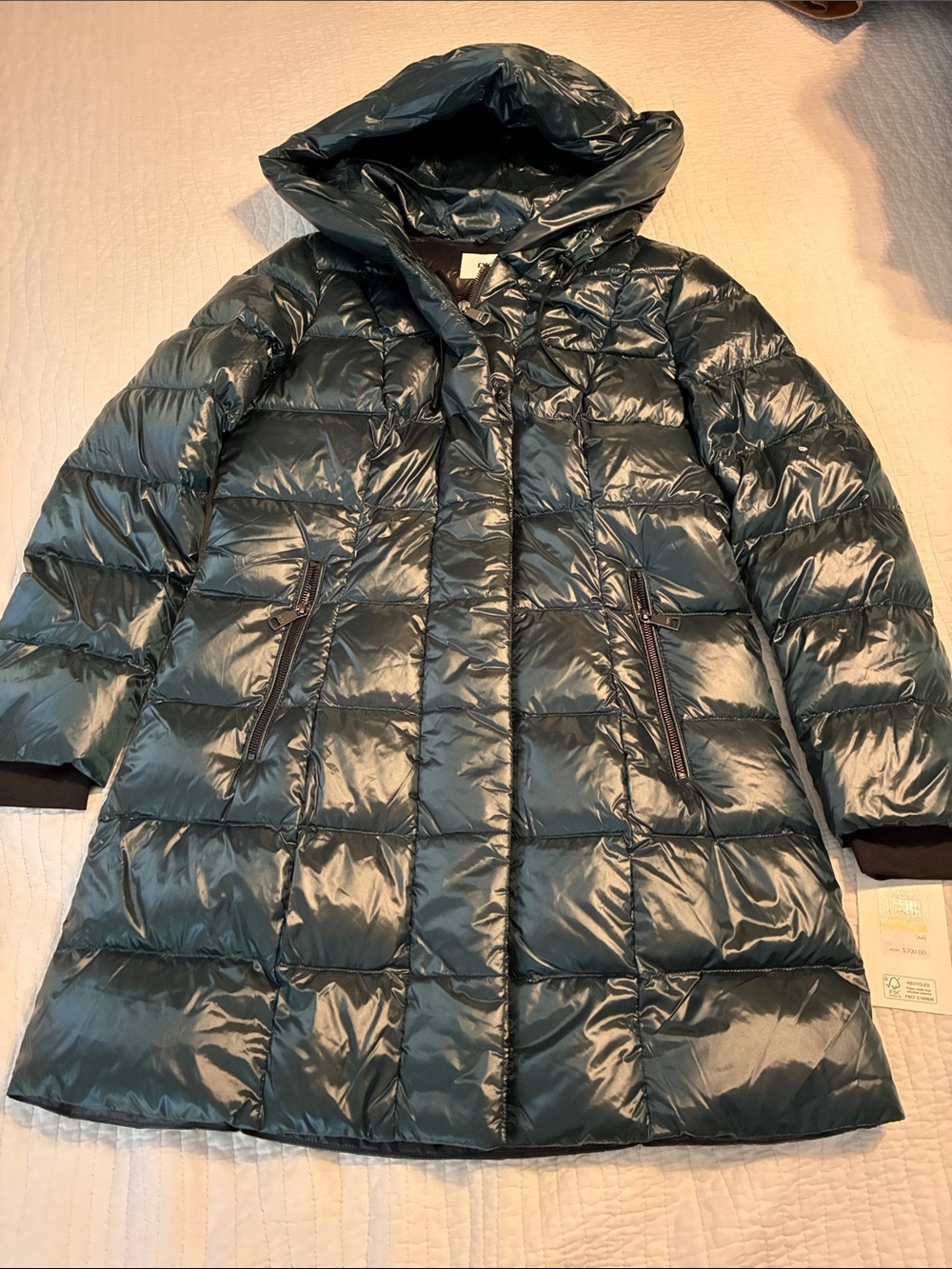 NWT DKNY Sz Small Hooded Puffer Coat in Dark Green Down Packable